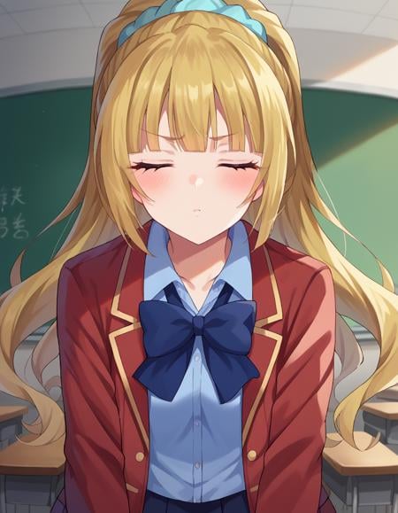 score_9, score_8_up, score_7_up, source_anime, keikaruizawa, <lora:kei-karuizawa-ponyxl-lora-nochekaiser:1>, kei karuizawa, long hair, bangs, blunt bangs, blonde hair, shirt, hair ornament, ponytail, scrunchie, blue scrunchie, skirt, shirt, bow, school uniform, jacket, red jacket, pleated skirt, bowtie, sweater, blue bow, blue shirt, indoors, classroom, looking at viewer, cowboy shot, dutch angle, dynamic pose, <lora:incoming-kiss-ponyxl-lora-nochekaiser:1>, incoming kiss, blush, closed eyes,