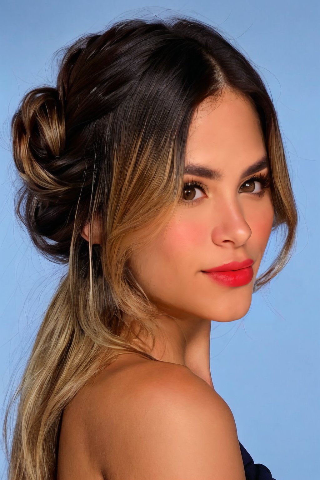 <lora:SC-Daniela_Lanio:0.85>, photo of d4n1l4n10, from side, perfect hair, updo, smile, dress, (plain Periwinkle background:1.2), 85mm, film grain, detailed eyes, red lipstick, looking back at viewer, (cinematic shot:1.3), epiCRealism, epiCPhoto, PA7_Portrait-HL_v2