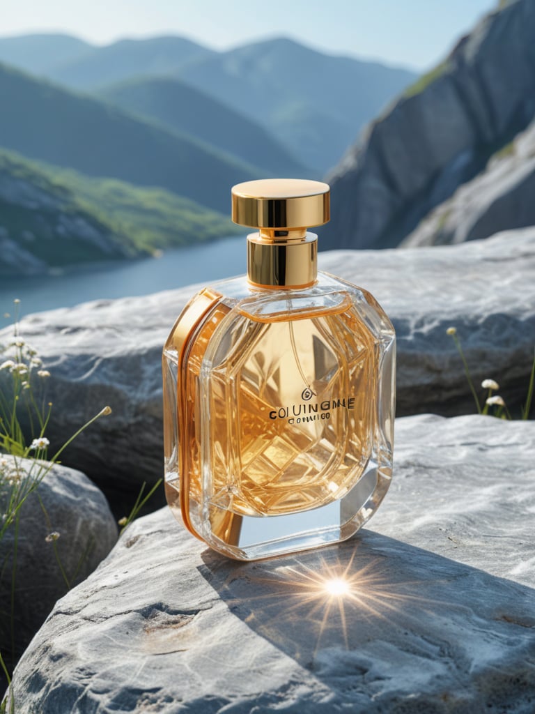 Mountain,a perfume on the rock,water,white mountain,sunshine,(8K ultra high definition quality, movie texture, ultra high definition resolution, real color, CG picture),(real texture, rich details, delicate skin),