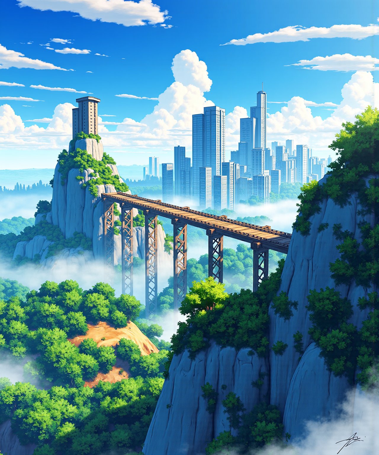 <lora:flux-shock-scenery:1>,The image is a digital illustration of a futuristic cityscape. The city is made up of multiple levels, with buildings and skyscrapers of different sizes and shapes. The buildings are covered in greenery and trees, and the sky is blue with white clouds. In the center of the image, there is a large wooden bridge that spans across the city. The bridge appears to be made of metal and wood, and it is supported by a metal frame. The overall color scheme of the illustration is predominantly blue and green, with some hints of orange and yellow. The image has a dreamlike quality, with a sense of depth and dimension.