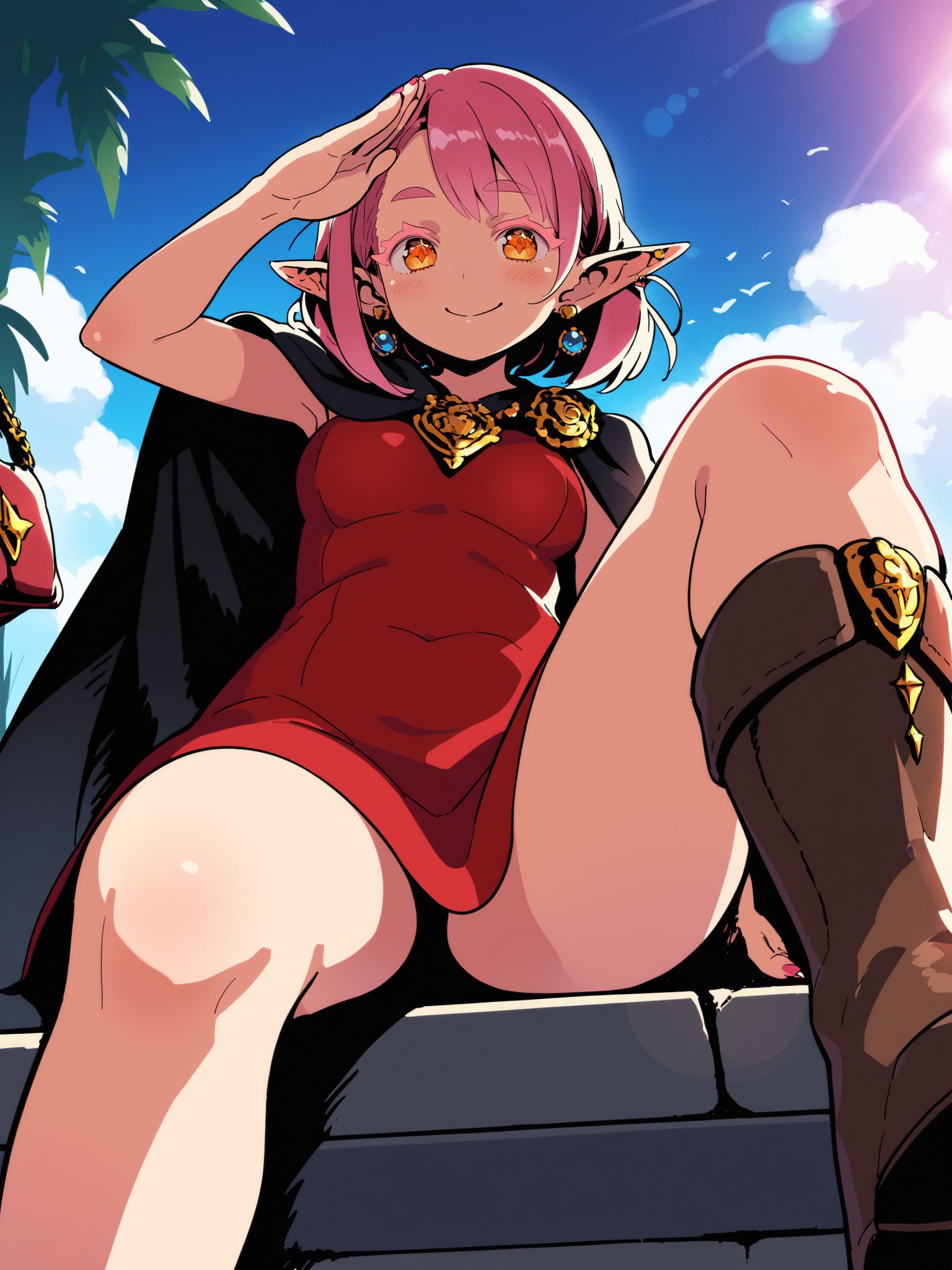 score_9,source_anime,1girl,solo,blush,pink hair,earrings,smile,pointy ears,black cape,orange eyes,colored eyelashes,beautiful_detailed_eyes,from below,close up,red sundress,pink nails,brown boots,handbag,salute,sitting,leg up,bar,<lora:Etrian_Odyssey_XL:0.8>,