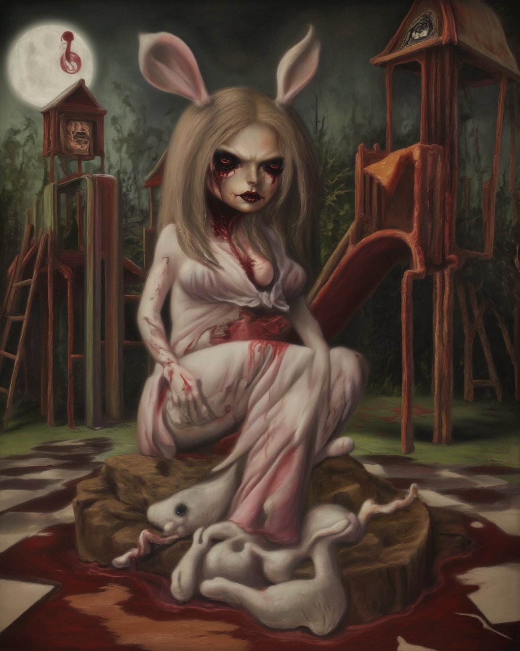 old oil painting of a gothic woman, rotting, large breasts, bloody eyes, wearing  cute bunny pajamas, torn pajamas, bleeding moon, evil facial expression, old abandoned run-down playground in background, surreal, lowbrow art style ,<lora:LowBrowF1D:1>