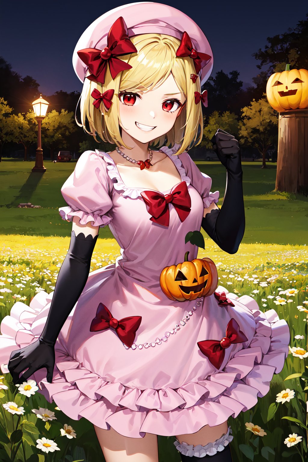 masterpiece, best quality, highres, aalamb, short hair, hair bow, red bow, beret, pink headwear, red eyes, necklace, frills, pink dress, jack-o'-lantern, puffy sleeves, elbow gloves, black gloves, <lora:lambdadelta_v1:0.7>, night, field, grin, outdoors