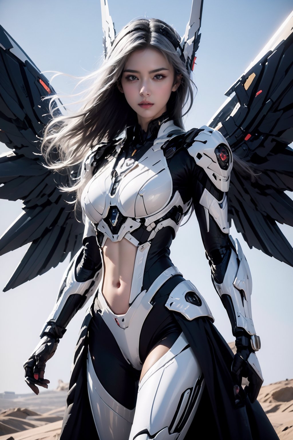 <lora:AgainRealistic_v2.0:1>, AgainRealistic_v2.0, 1girl, solo, wings, mechanical wings, long hair, bodysuit, looking at viewer, breasts, armor, grey eyes, medium breasts, grey hair, white hair, cowboy shot, lips, closed mouth, black bodysuit, standing, covered navel, headgear, floating hair, science fiction