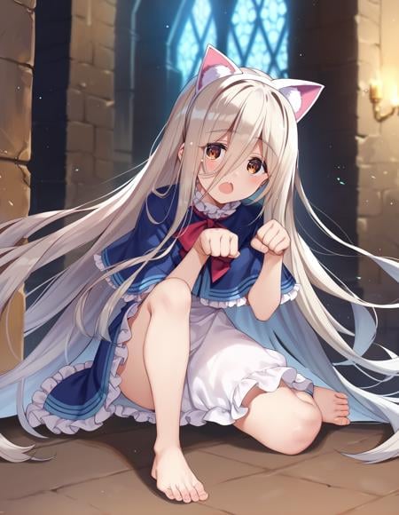 score_9,score_8_up,score_7_up,score_6_up, a girl on the floor, castle, paw pose, open mouth, fake cat ears<lora:namonashi_style_pony6_v3-000038:1>namonstyl <lora:sense_sousou no frieren_PONY_last:0.6> sense \(sousou no frieren\),brown eyes,very long hair,absurdly long hair,hair between eyes,eyes visible through hair, blue capelet,frilled dress,white long dress