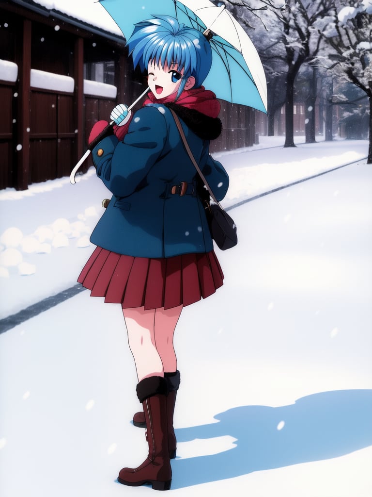 <lora:Nijino_Saki:0.8>NijinoSaki, 1girl, solo, umbrella, retro artstyle, 1990s (style), one eye closed, boots, coat, holding, open mouth, skirt, mittens, long sleeves, full body, holding umbrella, standing, copyright name, looking at viewer, snow, winter clothes, smile, looking back, leg up, standing on one leg, pleated skirt, snowing, bangs,masterpiece, high quality, very_high_resolution, large_filesize, full color,