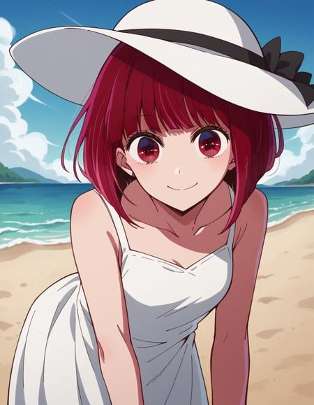 score_9, score_8_up, score_7_up, source_anime,kanaarima, <lora:kana-arima-s1-ponyxl-lora-nochekaiser:1>,kana arima, short hair, bangs, red eyes, red hair, bob cut, smile,hat, dress, ribbon, sleeveless, white dress, sleeveless dress, white headwear, sun hat, sundress,beach, bent over, smile,looking at viewer, cowboy shot, dutch angle, solo,