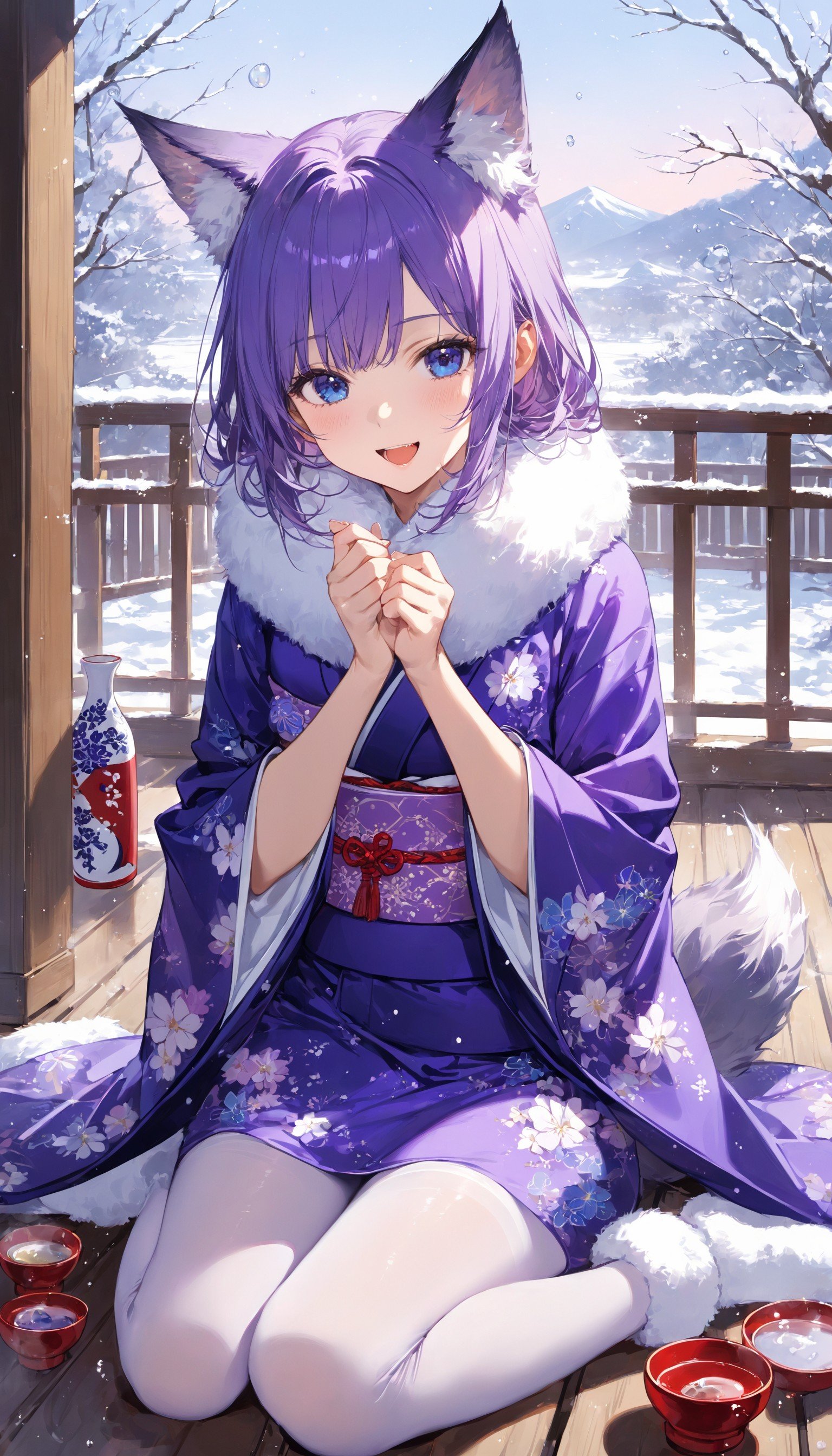 (wolf tail:1.1), 1 wolf girl, tanzanite blue eyes, wolf ears, purple hair, small face, (seductive smile:1.1), open mouth, (sleepy:1.1), fur scarf, kimono, tights, fur socks, sakazuki, (sake bottle:1.1), sitting, wariza, open shouji, veranda, (snowy landscape:0.8), (bubble effect:1.1), winter, sharp focus, looking at viewer, cowboy shot, (intricate:1.1), (light purple theme:1.1), (light purple tone:1.1), (silver tone:1.1), illustration, ,masterpiece, best quality, score_9, score_8_up, score_7_up, ultra-detailed, Best-A, Medium-B, Low-C, Bad-D,