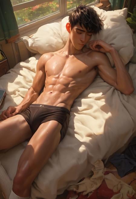 score_9, score_8_up, score_7_up, score_6_up, score_5_up, 1boy, tadashi_hamada, short hair, barechest, slim body, pectorals, abs, stained, sweating, underwear, white socks, bulge, sleeping