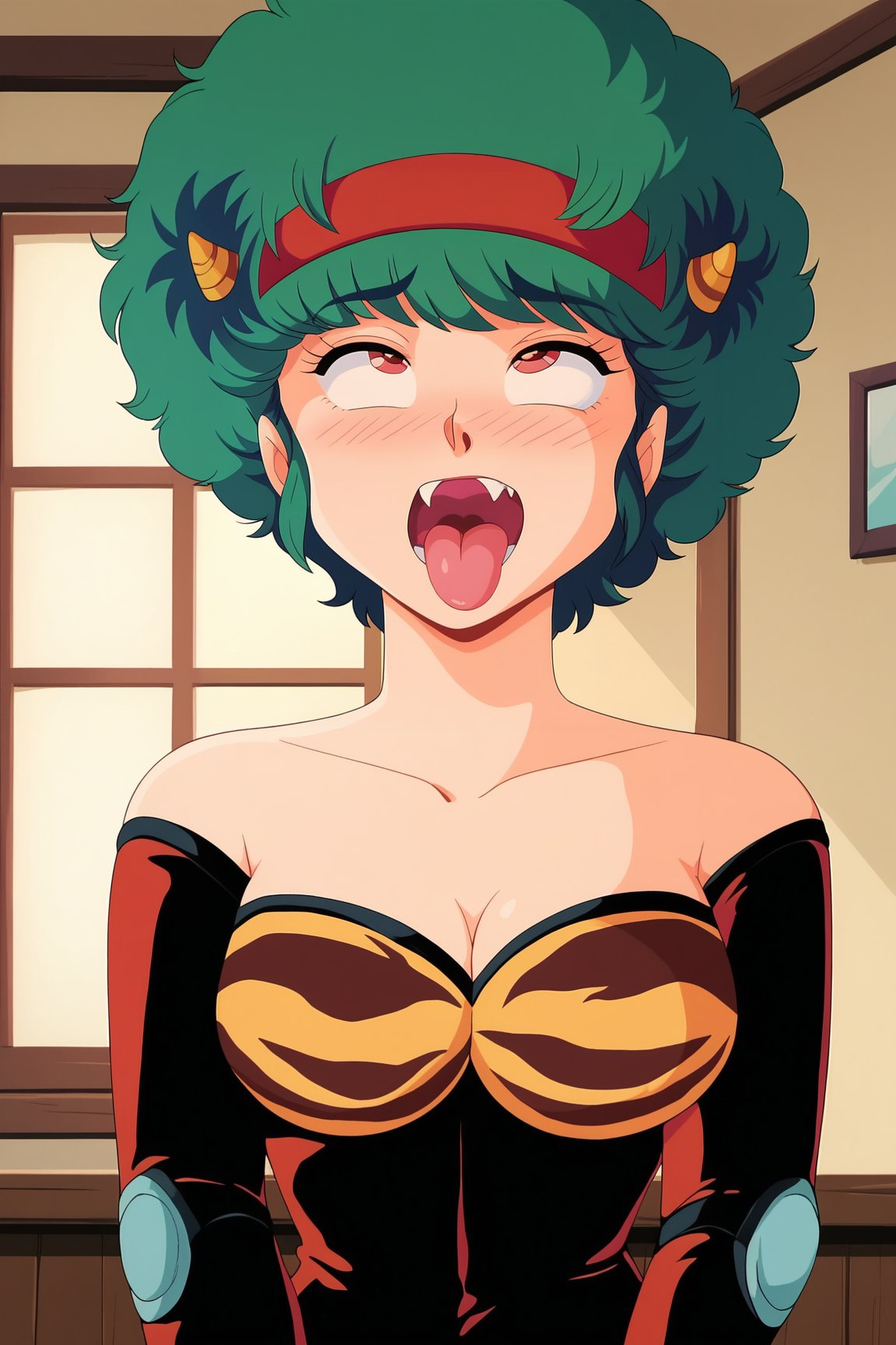 score_9, score_8_up, score_7_up, score_6_up, BREAK, TenMotherUYXL, retro artstyle, red eyes, green hair, short hair, afro, bangs, fang, red headband, yellow horns, medium breasts, bare shoulders, tiger print, black bodysuit, long slevees, solo, front view, v arms, (portrait, upper body), solo focus, ahegao, rolling eyes, open mouth, tongue out, naughty face, nose blush, indoors <lora:TenMotherUYXL:1>