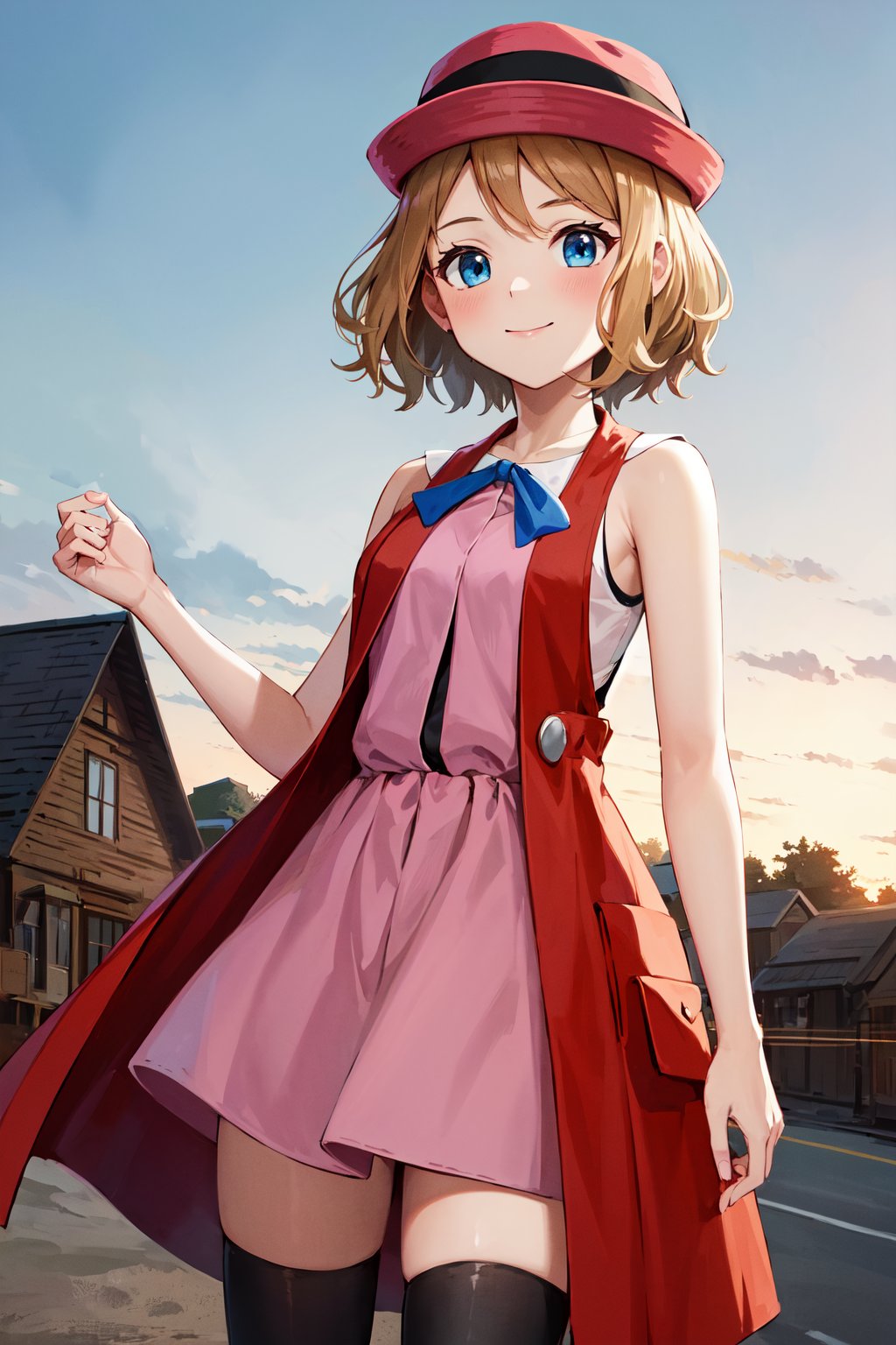 masterpiece, best quality, highres, bbserena, solo, short hair, pink headwear, eyelashes, blue eyes, neck ribbon, blue ribbon, (pink dress:1.2), sleeveless, bare arms, black thighhighs, <lora:serena_(pokemon)_v2:0.7>, standing, cowboy shot, smile, town