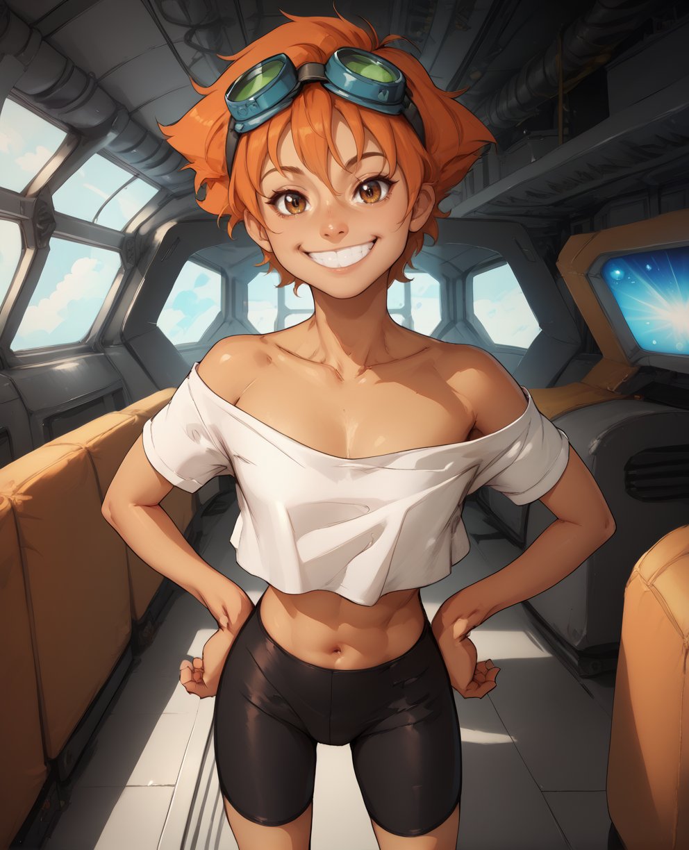 score_9,score_8_up,score_7_up,score_6_up,score_5_up,score_4_up,edwardxl,brown eyes,midriff,orange hair,white shirt,off shoulder,collarbone,bike shorts,goggles on head,smile,standing,  hands on hips, space station,living room,<lora:EDWARD:0.9>,