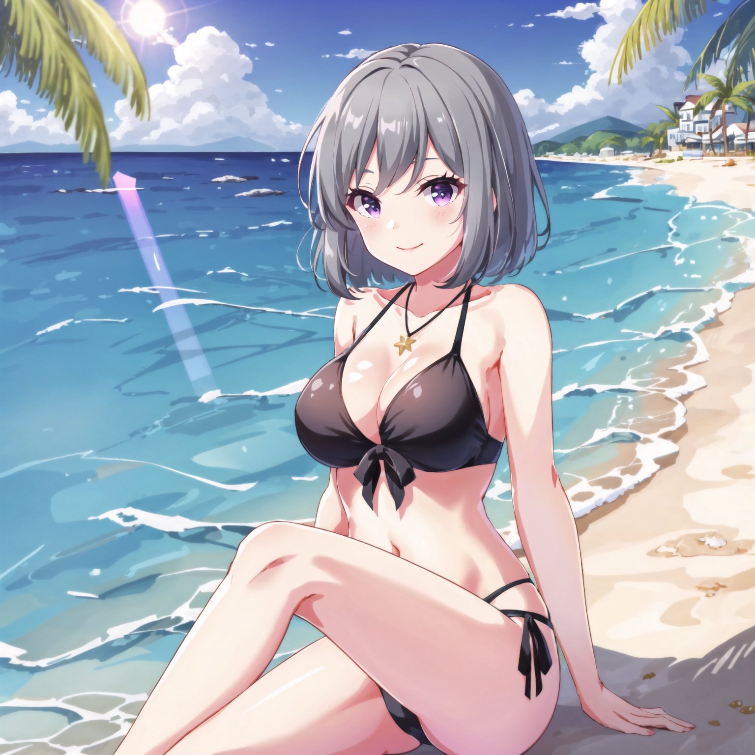 (high quality, best quality), 1girl, solo, kazanki rio, swimsuit, <lora:rio2-000007:0.75>, barefoot, sitting, knees_up, arms_behind_back, smile, blush, beach, ocean, sunset, lens_flare, hdr