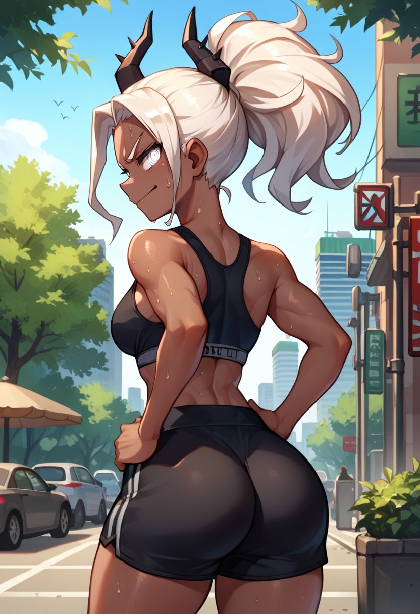 score_9, score_8_up, score_7_up, source_anime, from behind, solo, 1girl, htjudgement, dark skin, sweat, smirk, looking back, hands on own hips, white hair, ponytail, black horns, demon horns, white eyes, black sports bra, black shorts, ass, outdoors, city street <lora:helltaker_judgement_ponyXL:1>