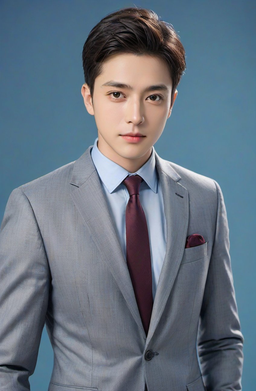 1male,masterpiece,best quality,ultra high res,(30 y.o.),(photorealistic:1.4),business suit,(blue background:1.3),identification photo,(straight-on:1.2),smlie,