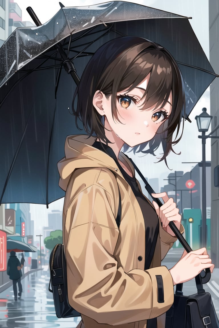 1girl, solo, short hair, brown eyes, raincoat, city, rain, holding umbrella, looking at viewer, 