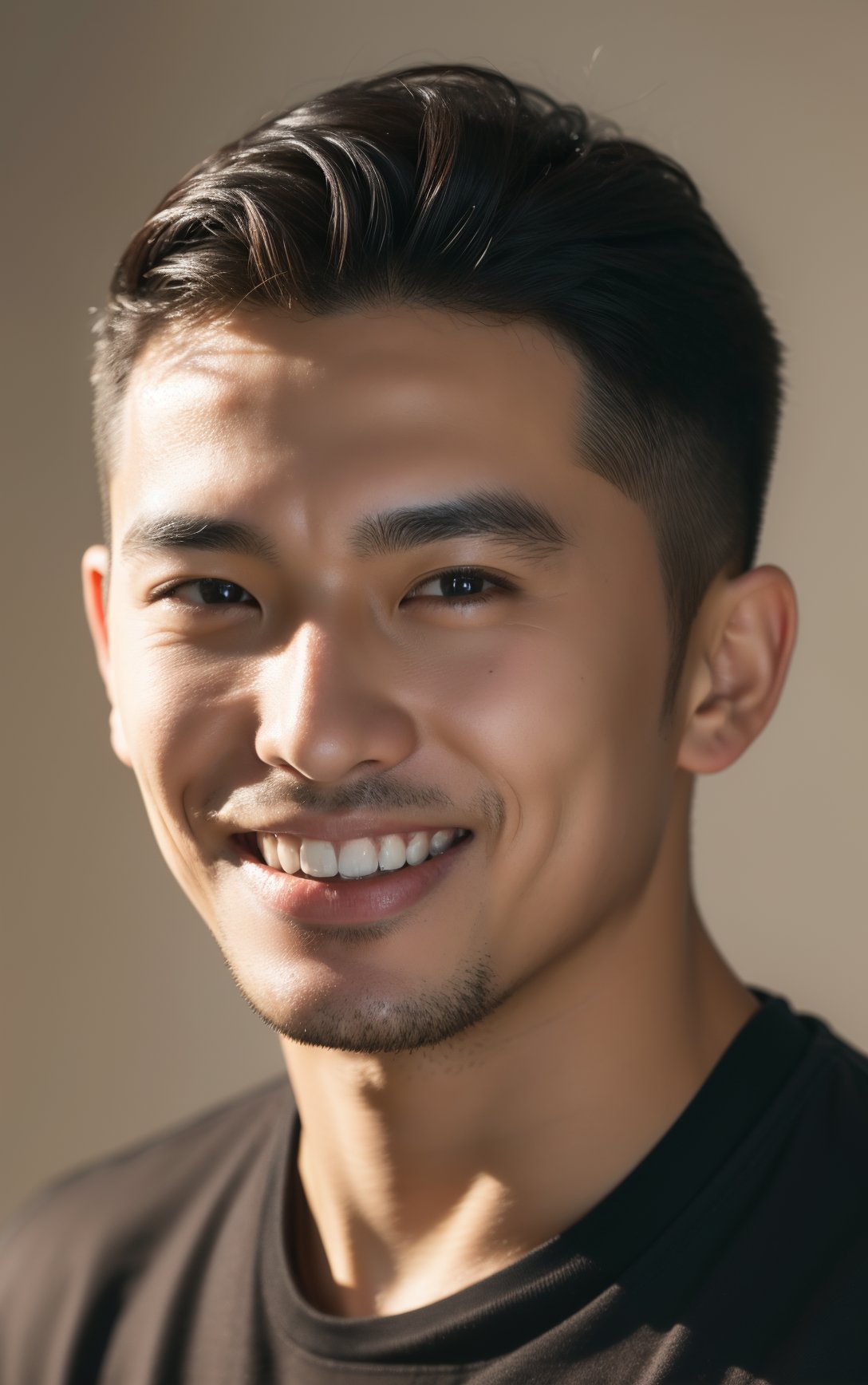 (close up portrait of a man of east asian descent),happy and smile expression, looking at camera, slight stubble,  clean skin, brown eyes, wearing dark shirt, soft lighting, gray background, shallow depth of field, high-resolution image, studio shot, headshot, photographic realism.,