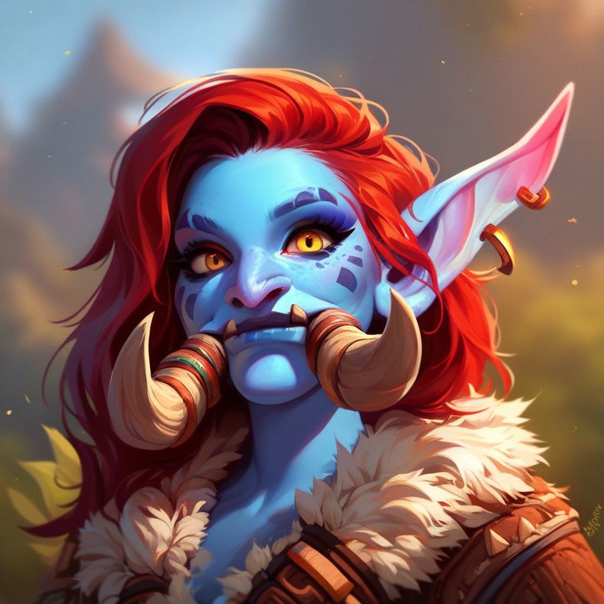 (((beautiful, high quality))), upper Body, score_9, score_8_up, score_7_up, Trolls, large pointed ears, large nose, fangs, tusks, 1 girl, blue skin, red hair, yellow eyes, fur clothes, tribal clothes,looking at the viewer, posing, blurred background,