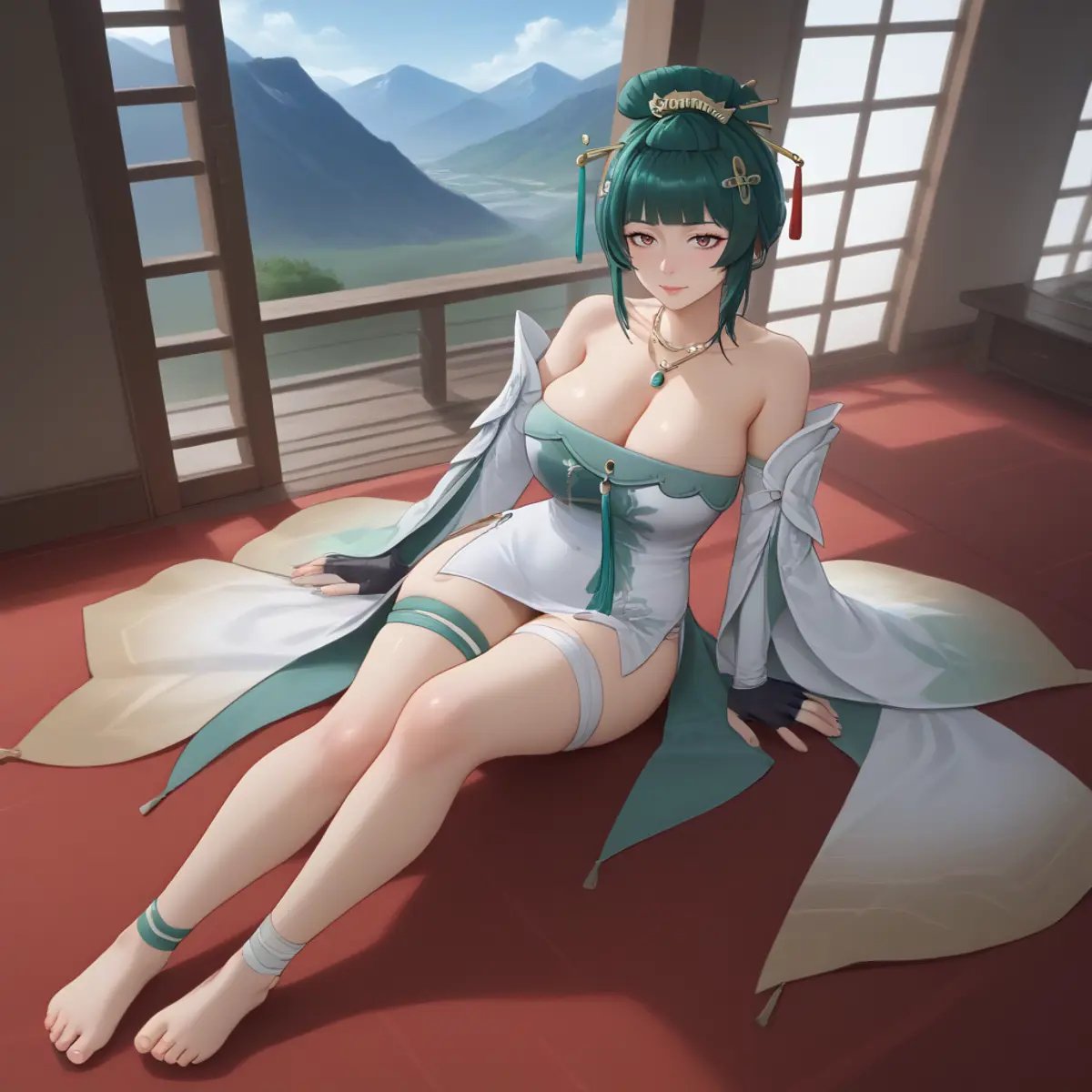 1girl, solo, Hanying, green hair, single hair bun, hair stick, hair ornament, necklace, strapless dress, white dress, cleavage, detached sleeves, fingerless gloves, seated , full body, thigh strap, skindentation, indoors, teahouse, window, mountains <lora:SDXL_Hyper:1> <lora:STFD_P:1> <lora:hanying-pdxl-nvwls-v1:1>