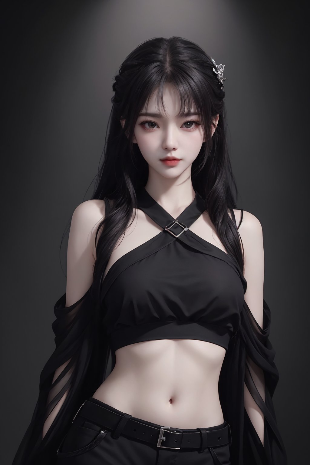 masterpiece, best quality, masterpiece,best quality,official art,extremely detailed CG unity 8k wallpaper,woman,photorealistic, masterpiece, realistic,araffed woman in black top and black pants posing for a picture, jiyun chae, wavy long - length black hair, shoulder-length black hair, lu ji, +81 magazine, wavy shoulder-length hair, kim hyun joo, physical : tinyest midriff ever, tinyest midriff ever, Wang Yuanqi, black wavy hair with bangs, long thin black hair, huge belt, female actress from korea, Du Qiong, Huang Ji, Qian Du, portrait of female korean idol, wavy long black hair, black long hair, shoulder length black hair, id magazine, Hu Zaobin, dilraba dilmurat, wavy black hair, black wavy hair, no logo, beautiful midriff, jia, Chen Jiru, gold belt, Luo Mu <lora:模特:0.8>