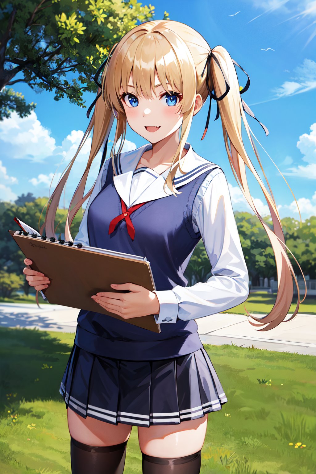 masterpiece, best quality, highres, aaeriri, long hair, twintails, hair ribbon, fang, school uniform, sailor collar, white shirt, sweater vest, long sleeves, pleated skirt, black skirt, black thighhighs, <lora:sawamura_spencer_eriri_v1:0.7>, smile, standing, cowboy shot, outdoor, holding sketchbook,