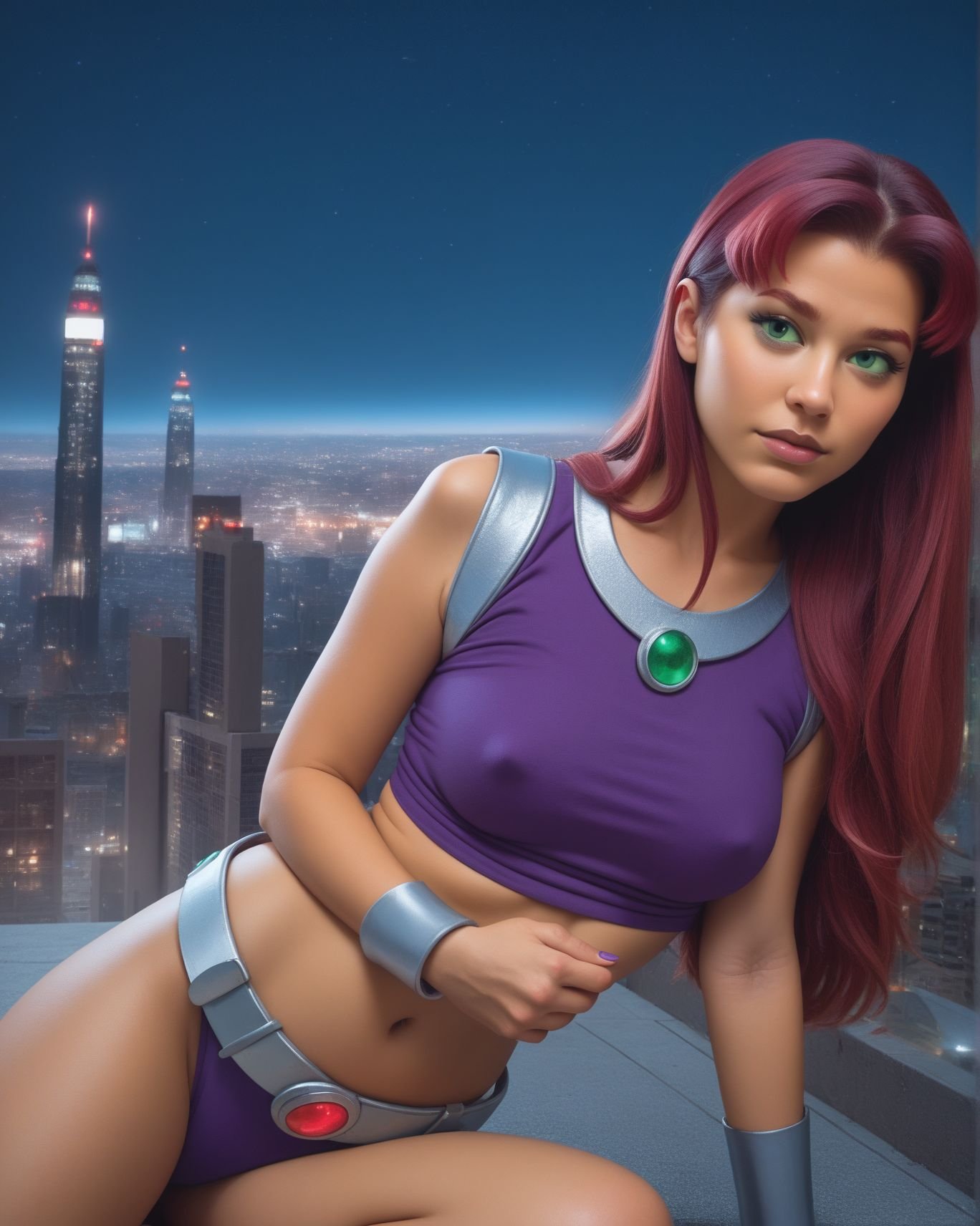 zPDXL, source_realistic, textured skin, skin pores, starfire \(teen titans\), city at night, skyline, covered nipples, belt