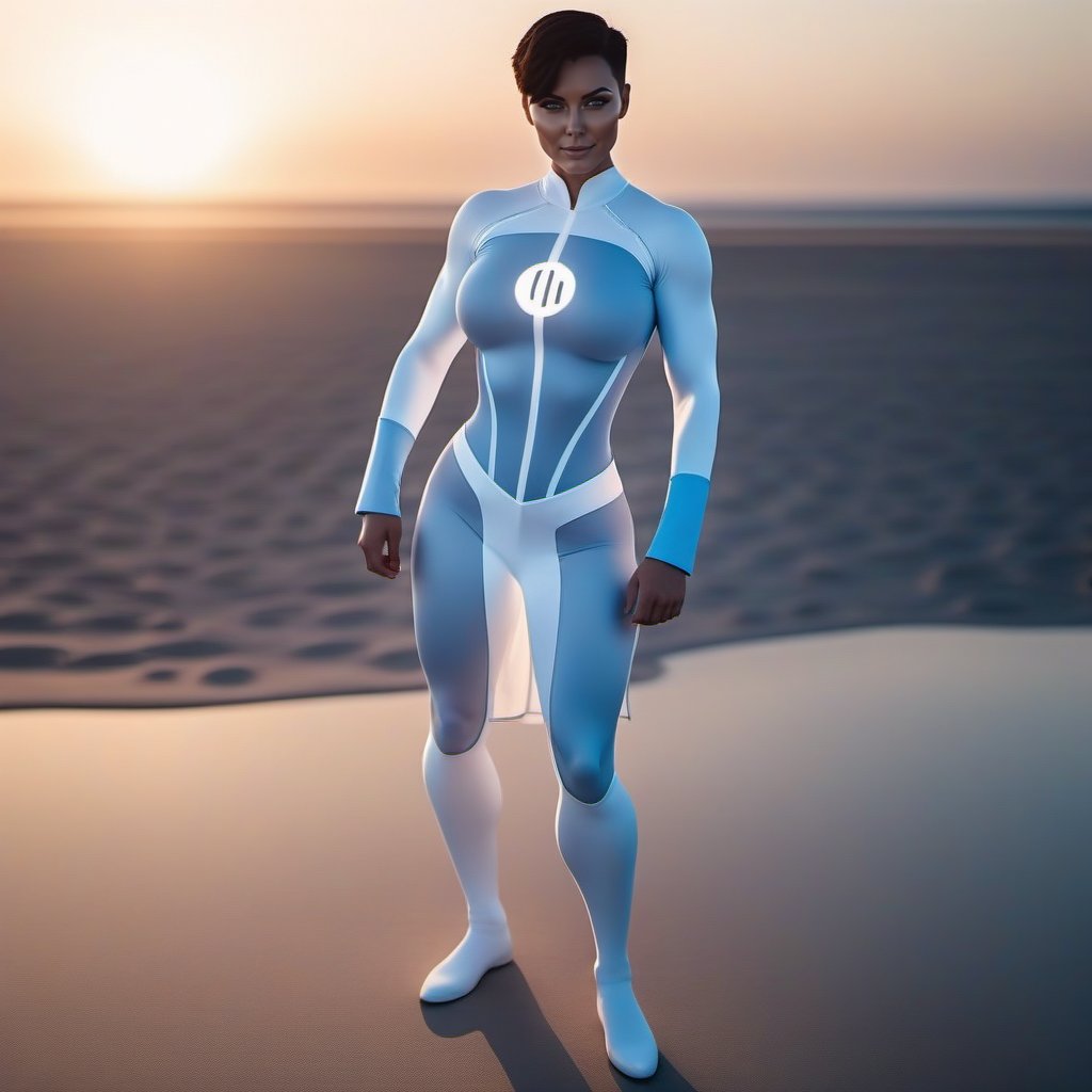 cinematic photo a (((full body))) muscular woman, short dark hair, huge breast, hourglass figures,wears a futuristic white and lightblue bodysuit, white miniskirt, stand on a beach, sunset<lora:Anissa1024:0.8> . 35mm photograph, film, bokeh, professional, 4k, highly detailed