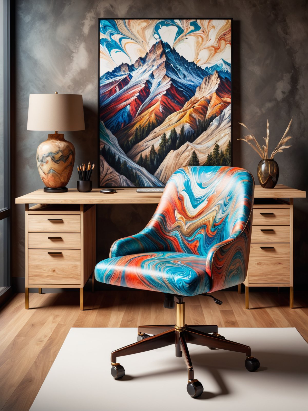 mad-marbled-paper office chair and wooden desk in an expensive office, photograph of a mountain on the wall <lora:Colorful_Marbled_Paper_SDXL:0.6>, (masterpiece:1.2), best quality