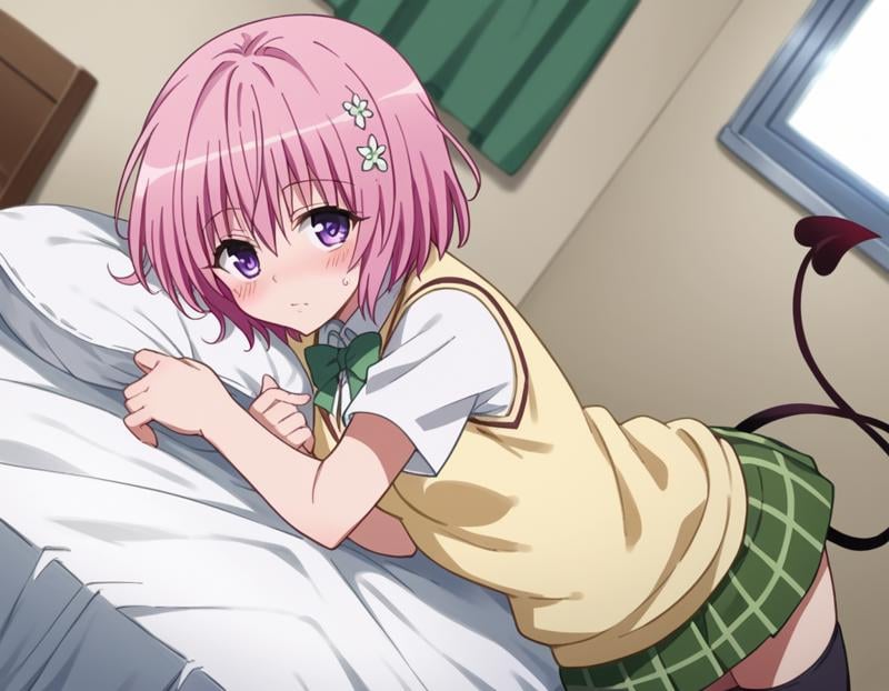 score_9, score_8_up, score_7_up, source_anime,momodeviluke, <lora:momo-deviluke-darkness-ponyxl-lora-nochekaiser:1>,momo deviluke, demon tail, hair flower, hair ornament, purple eyes, pink hair, short hair, tail,demon tail, green skirt, plaid, plaid skirt, sainan high school uniform, school uniform, skirt, sweater vest, thighhighs, yellow sweater, short sleeves, bow, green bow,indoors, bed, bed room, on side, blush, drunk,looking at viewer, cowboy shot, dutch angle, solo,