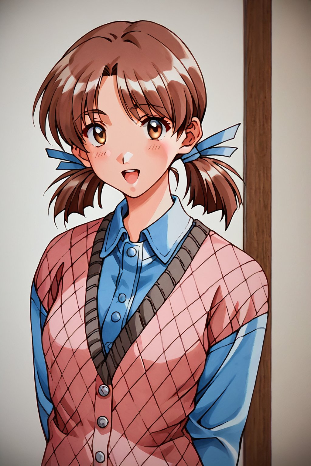 score_9, score_8_up, score_7_up, score_6_up, score_5_up, score_4_up, source_anime, s_m_tooru, 1girl, solo, brown hair, twintails, brown eyes, open mouth, shirt, blue shirt, ribbon, hair ribbon, blush, smile, arms behind back, short twintails, collared shirt, upper body, looking at viewer, buttons, argyle sweater, long sleeves, :d, low twintails, argyle clothes, blue ribbon, cardigan, parted bangs, sweater, wing collar,dress shirt, living room,masterpiece, perfect face, best quality, beautiful girl, cute girl, beautiful eyes, shiny eyes, ((traditional media, light watercolor)), absurdres, <lora:m tooru auti:0.8>