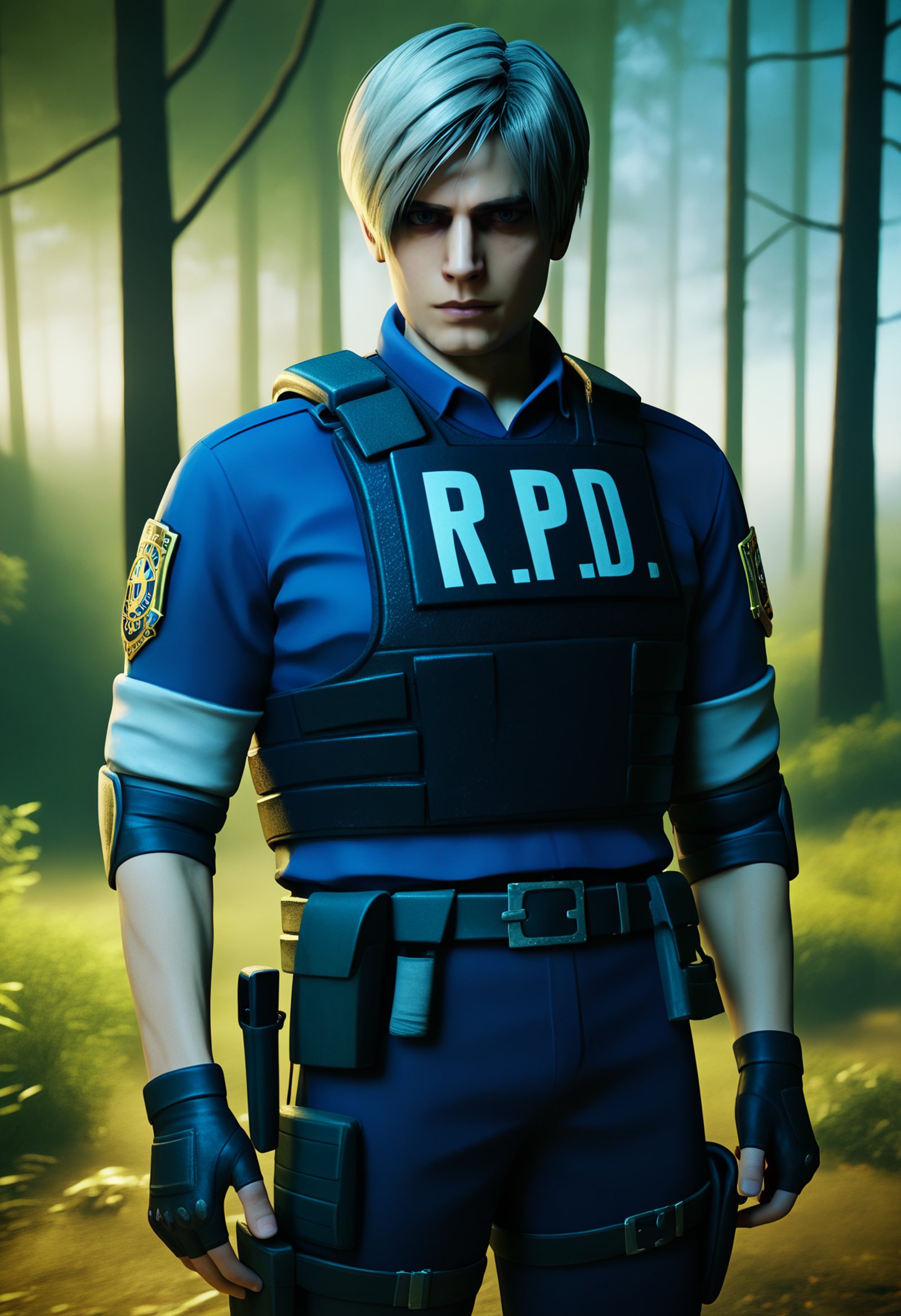 score_9,score_8_up,score_7_up,uncensored BREAK realistic,render,blender \(medium\),1boy,  leonkennedy, grey hair, short hair, belt, police uniform, bulletproof vest, fingerless gloves, blue shirt, elbow pads, long sleeves,solo, looking at viewer, outdoors, trees, forest background<lora:LeonKennedyXL:1>