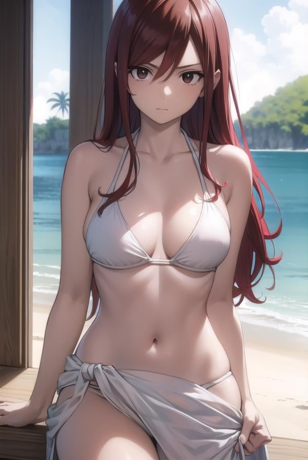 erzascarlet, <lora:erza scarlet v2-lora-nochekaiser:1>,erza scarlet, long hair, (red hair:1.5), hair between eyes, (brown eyes:1.7),BREAK navel, swimsuit, bikini, tattoo, white bikini, (sarong:1.5),BREAK outdoors, beach,BREAK looking at viewer,BREAK <lyco:GoodHands-beta2:1>, (masterpiece:1.2), best quality, high resolution, unity 8k wallpaper, (illustration:0.8), (beautiful detailed eyes:1.6), extremely detailed face, perfect lighting, extremely detailed CG, (perfect hands, perfect anatomy),