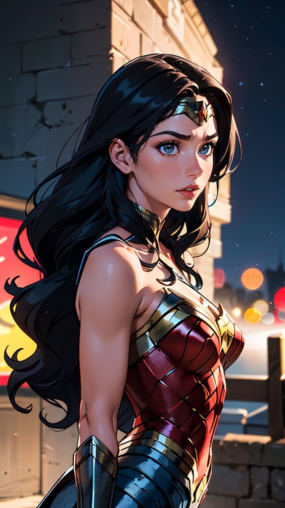 (best quality, masterpiece, colorful, dynamic angle, highest detailed)(Wonder Woman), upper body photo, fashion photography of cute black long hair girl (Wonder Woman), dressing high detailed Wonder Woman suit (high resolution textures), in dynamic pose, bokeh, (intricate details, hyperdetailed:1.15), detailed, moonlight passing through hair, perfect night, (fantasy background), (official art, extreme detailed, highest detailed), HDR+