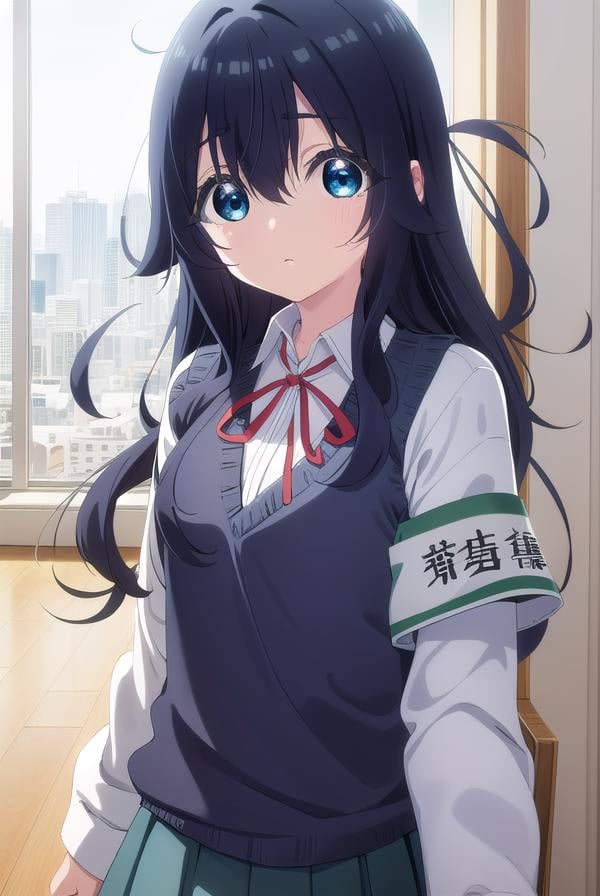 shizukayoshimoto, <lora:shizuka yoshimoto s1-lora-nochekaiser:1>,shizuka yoshimoto, long hair, bangs, blue eyes, black hair, hair between eyes, wavy hair,BREAK skirt, shirt, ribbon, school uniform, white shirt, pleated skirt, red ribbon, neck ribbon, armband, sweater vest,BREAK indoors, classroom,BREAK looking at viewer, (cowboy shot:1.5),BREAK <lyco:GoodHands-beta2:1>, (masterpiece:1.2), best quality, high resolution, unity 8k wallpaper, (illustration:0.8), (beautiful detailed eyes:1.6), extremely detailed face, perfect lighting, extremely detailed CG, (perfect hands, perfect anatomy),