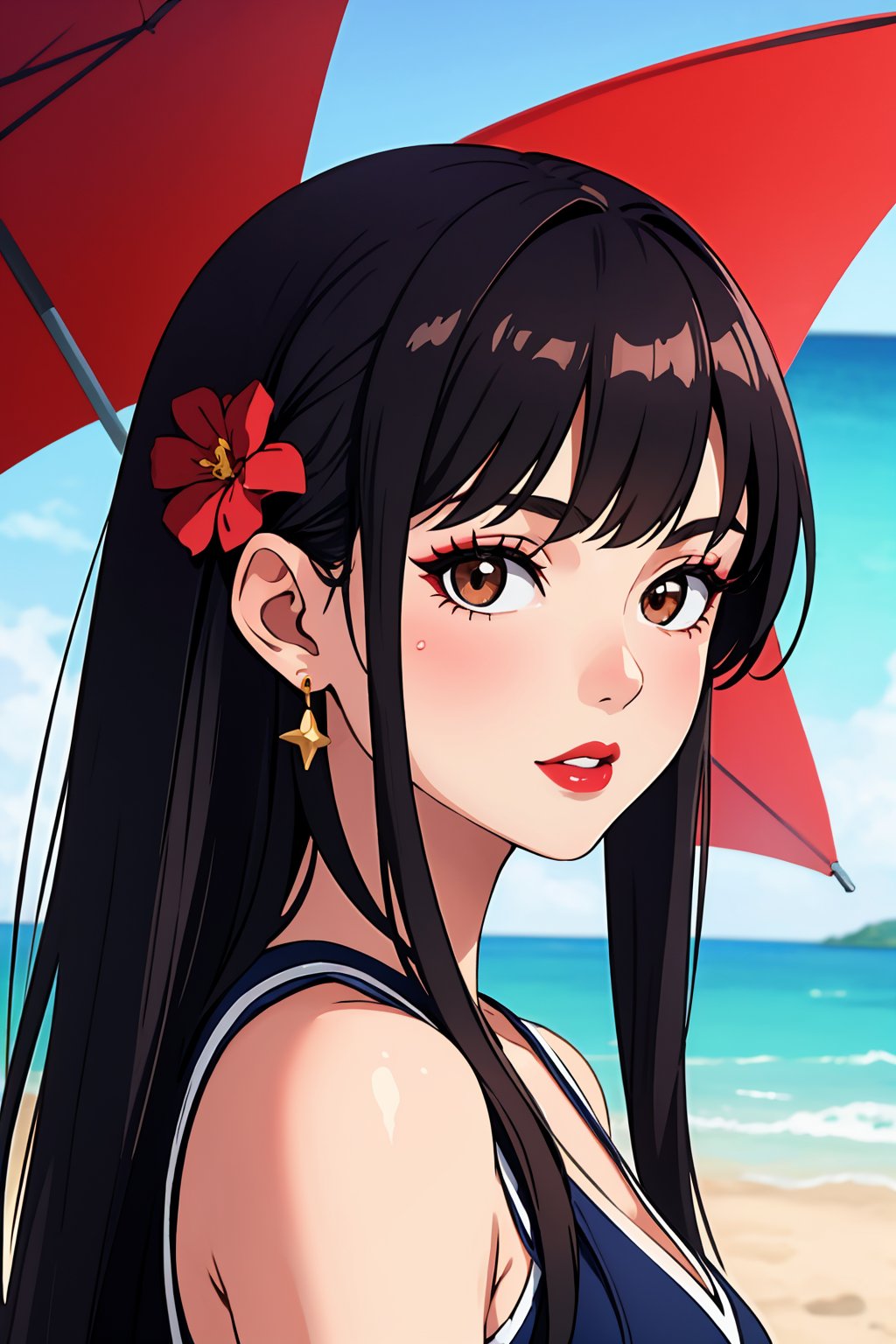 (best quality:1.4),(masterpiece:1.4),(8K:1.4),(extremely detailed:1.4),1girl,solo,brown eyes,(upper body:1.2),looking at viewer,long hair,black hair,red lips,hair ornament,hair behind ear,makeup,earrings,sea,beach,wind,