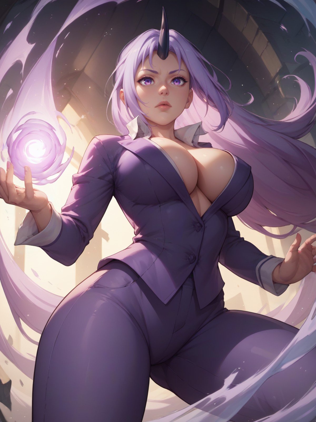 score_9, score_8_up, score_7_up,score_6_up, score_5_up, score_4_up, BREAKlong_hair, single_horn, large breasts, aura, cleavage, pant suit, fighting stance,  1girl,  solo,  backlighting, dim_lighting, from_below, shionslime, <lora:Shion_PDXL-v01-000004:0.90>