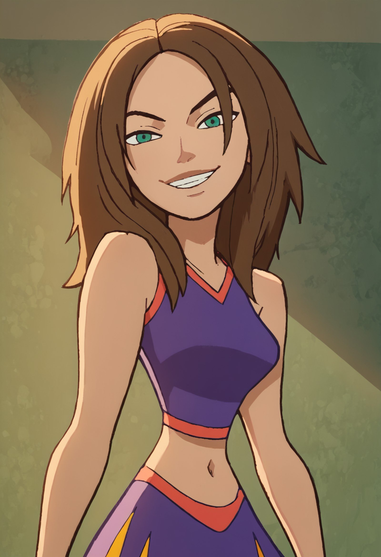 bonnie, 1girl, brown hair, solo, cheerleader, long hair, green eyes, midriff, smile, navel, bare shoulders, sleeveless, light smile,indoors, looking at viewer, <lora:BonniePony1.0:1.0>, score_9, score_8_up, score_7_up, score_6_up, score_5_up, score_4_up 