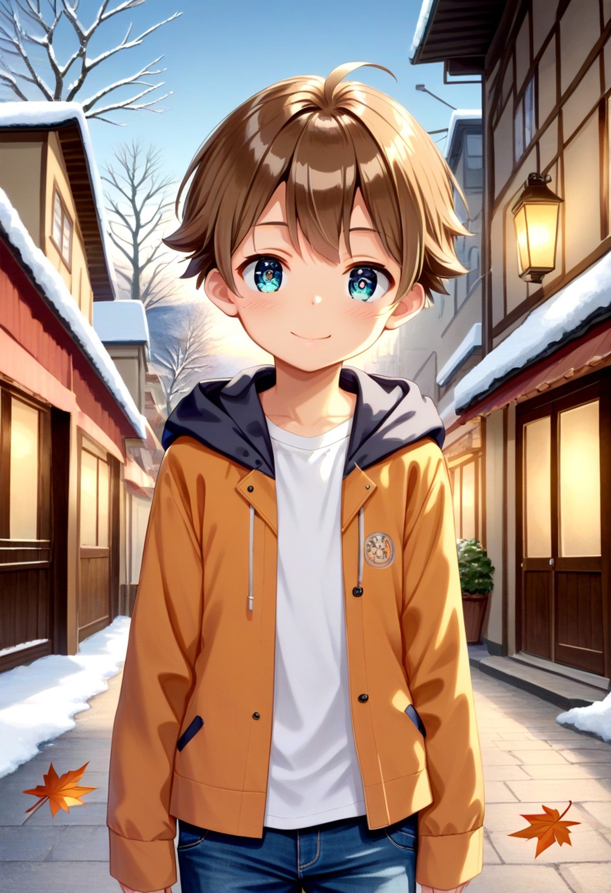 score_9, score_8_up, score_7_up, detailed eyes, autumn leaf, snowy, village, BREAKstraight on shot, standing,  <lora:PerfectEyesXL:0.8> perfecteyes,<lora:cutifiedanimecharacterdesign_variant_type_E_PonyXL_v10:0.7> 1boy, type-e, brown hair, shirt,  petite, young, solo, anime  style,smile 