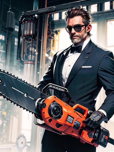 absurdres, highres, ultra detailed,   (one middle aged handsome man:1.3),solo,(elderly gentleman:0.8),Suited gentleman, night,white gloves,sunglasses, looking at viewer,cowboy shot,BREAK(holding huge mechanical chainsaw:1.3),<lora:add_detail:0.8>, <lora:_L2090:0.4>, <lora:weapon_v01:0.7>,