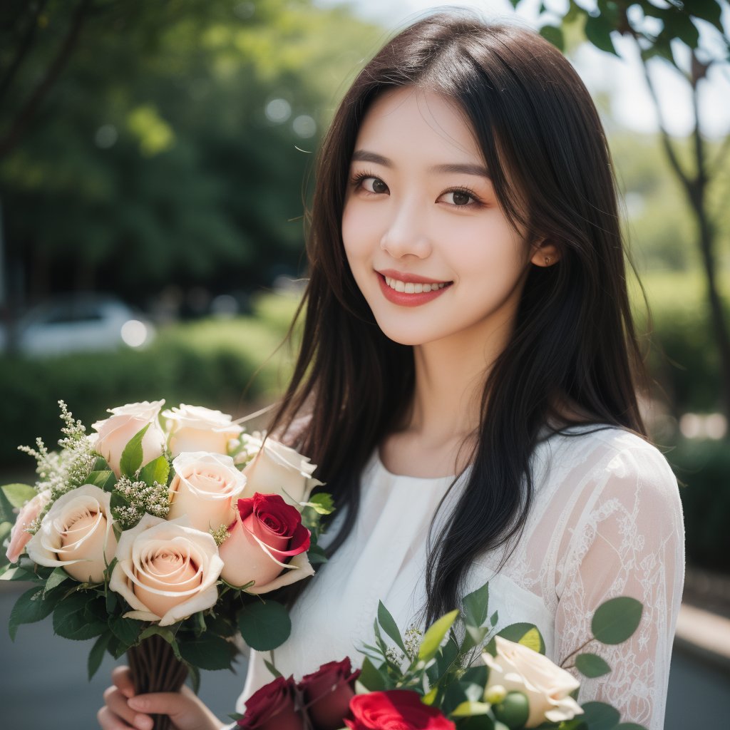 masterpiece,best quality,1girl,Ultra-realistic 8k CG,masterpiece,best quality,(photorealistic:1.4),HDR,absurdres,Professional,RAW photo,lens flare,(film grain:1.1),Bokeh,((Depth of field)),studio light,a woman in a red dress,a bouquet of roses and looking at the camera with a smile on her face,1girl,black_hair,bouquet,brown_eyes,dress,lips,long_hair,looking_at_viewer,smile,solo,Highly detailed,Professional,extreme detail description,