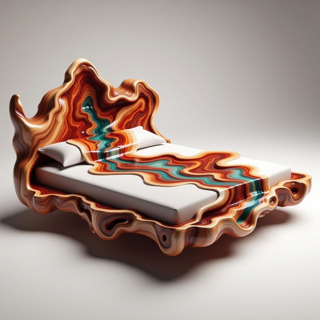 ResinflowFu510n styleThe image is a high-resolution CGI rendering of an abstract, surreal bed. The bed frame and the headboard are crafted from a single piece of wood, with an intricate, swirling pattern reminiscent of a fluid, flowing river. The wood appears to have been carved or shaped to mimic the fluid motion of a river, creating a dynamic, organic form that seems to flow from the headboard to the foot of the bed.