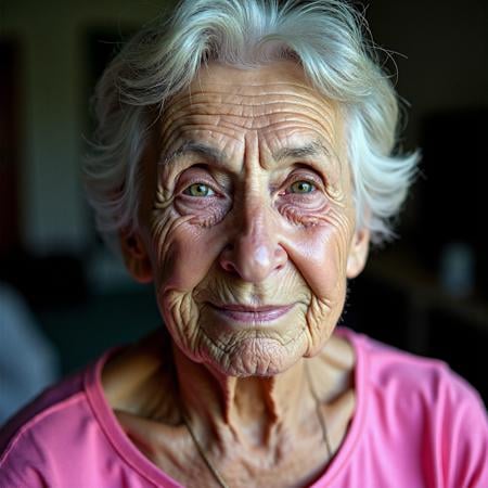 RAW photo, a candid full body portrait of a beautiful 70 year old woman, wrinkled face, (pink summer dress), 8k uhd, dslr, soft lighting, high quality, film grain, Fujifilm XT3small chin, (no freckles:0.5), (no cleft chin:1.5), perfect eyes, glowing irises, ((even eyes)), ((even pupils)), round iris, detailed pupils, light reflections, visible cornea, blood vessels, (wet skin:1.1), (sweat:1.1), white winter skin, wax skin, marble skin, pale skin, clear skin, [[skin blemishes]], skin pores, blush, flushed cheeks, [[[[[moles]]]]], wrinkles, [[[[vitiligo spots]]]], [[whiteheads]], [[[blackheads]]], [pimples], perfect hands, shiny bright eyes, centered pupils, blood vessels in sclera, detailed skin, [[oiled shiny skin]], beauty spots, skin fuzz, shine from within, hands off face, moles, nipples, not asian  <lora:FLUX_polyhedron_all_1300:1>