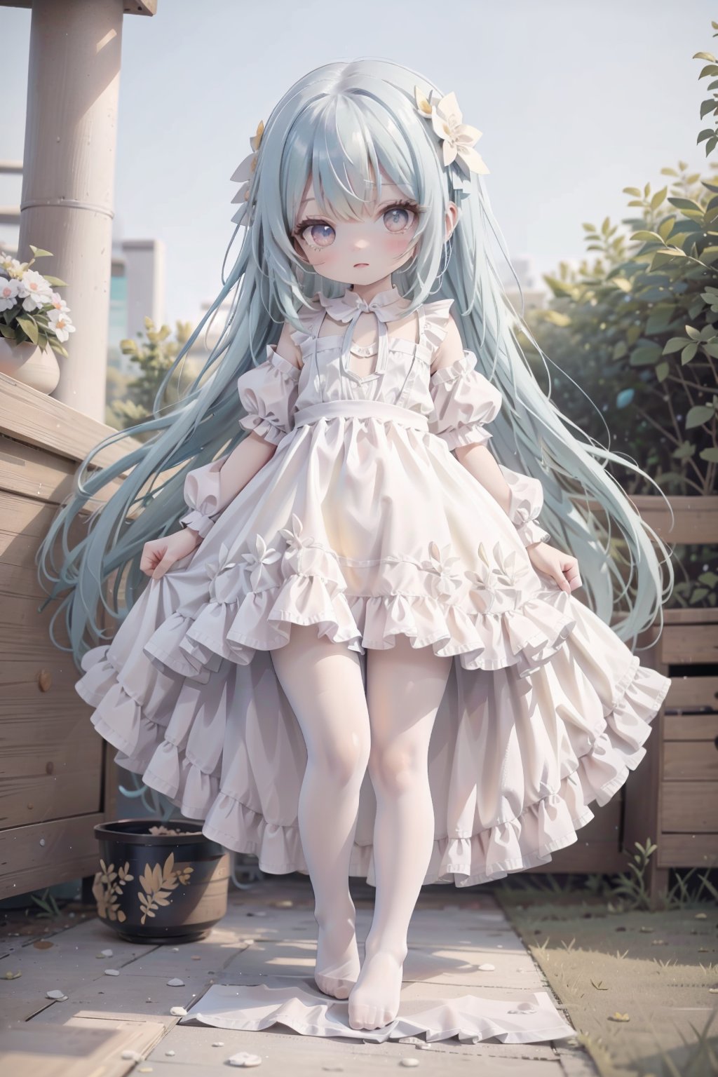 (loli:1.3),(very_long_hair,:1.3),absurdres, highres, ultra detailed, (4 fingers),  (A youthful and dreamy anime girl with long straight white hair stand in a vibrant school setting), full body, from side,  looking at viewer, long hair, arms behind back, outdoors, large breasts, BREAKcel shading, bold outlines, flat colors, sharp shadows, graphic style, manga influence, clean linework, striking visuals, white sundress, intricate mechanisms, melodic creations, nostalgic charm, delicate craftsmanship, artistic engineering, (white thighhighs without shoes) BREAKdynamic angle, ((breeze)), flying splashes,  flying petals, wind, (detailed light), leaves, nature, (sunlight), BREAK    