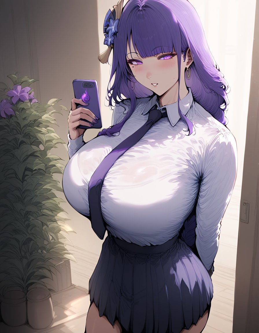 score_9, score_8_up, score_7_up, score_6_up, source_anime, <lora:ALH 0.1v:1>, nsfw, sexy attire, pose,1girl, raiden shogun, solo, skirt, braid, purple hair, long hair, breasts, purple eyes, braided ponytail, shirt, hair ornament, necktie, large breasts, pleated skirt, white shirt, black skirt, looking at viewer, phone, collared shirt, parted lips, purple nails, long sleeves, bangs, holding, mole, very long hair, from side, shirt tucked in, holding phone, earrings, mole under eye, jewelry, single braid, blush, school uniform, cowboy shot, indoors, nail polish, cellphone, flower, plant, thighs, hand up, purple flower, arm behind back, smartphone, black necktie, standing, hair flower, tassel,