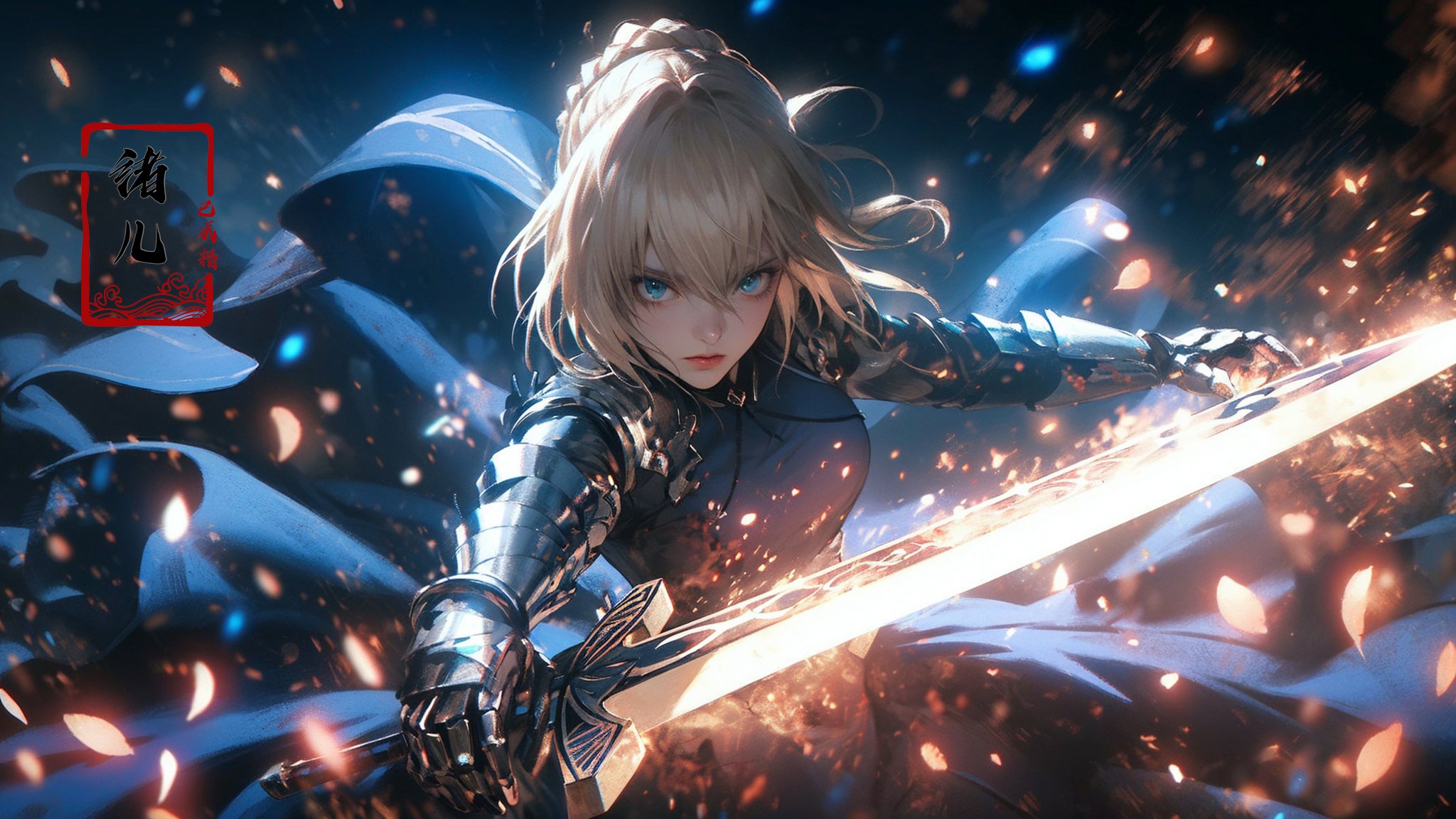 artoria_pendragon_\(fate\), sword, weapon, saber, holding_sword, armor, blurry, solo, blurry_foreground, depth_of_field, holding_weapon, braid, blurry_background, gauntlets, ahoge, blonde_hair, hair_ribbon, blue_ribbon, glowing_weapon, green_eyes, holding, glowing_sword, fire, ribbon, sparks, excalibur_\(fate/stay_night\), looking_at_viewer，Epic CG masterpiece, hdr,dtm, full ha,8K, ultra detailed graphic tension, dynamic poses, stunning colors, 3D rendering, surrealism, cinematic lighting effects, realism, 00 renderer, super realistic, full - body photos, super vista, super wide Angle, HD，(Blue smoke enveloped the body:1.5)，(solo focus:1.7)，Saber，1girl, In hand sword，blue dress，Blue bow，gorgeous armor，platinum blonde hair，close-up,(imid shot,macro shot:1.25),(Detailed face description),(Detailed hair description),(Detailed clothes description),A shot with tension，(sky glows red,Visual impact,giving the poster a dynamic and visually striking appearance:1.2),