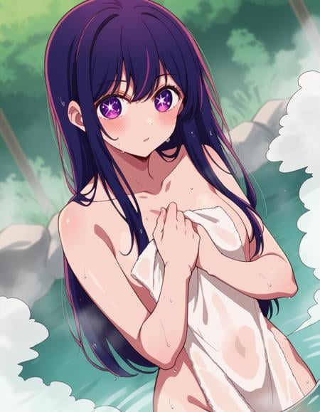 score_9, score_8_up, score_7_up, source_anime,aihoshino, <lora:ai-hoshino-s1-ponyxl-lora-nochekaiser:1>,ai hoshino, long hair, bangs, purple eyes, purple hair, symbol-shaped pupils,nude, naked, outdoors, onsen, towel, naked towel, steam, bathing, nude cover, partially submerged, water, bath, steam censor, wet towel, blush,looking at viewer, cowboy shot, dutch angle, solo,