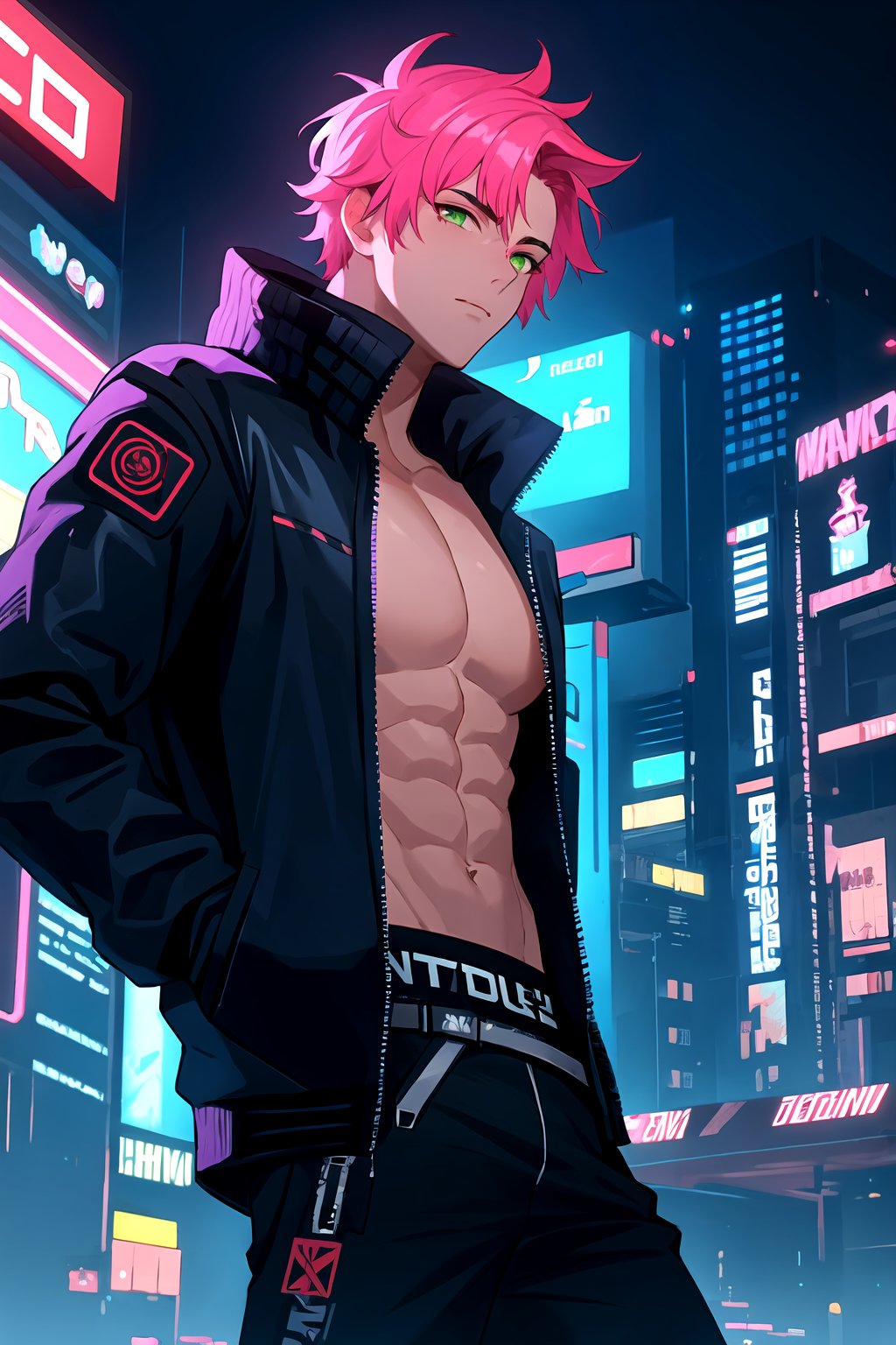 masterpiece, best quality, 1boy, solo, male focus, (cyberpunk:1.1), night city, neon lights, dynamic angle, open jacket, short hair, parted bangs, green eyes, looking at viewer, looking to the side, muscular male, large pectorals, abs <lora:husbandoLocon_v40:0.3>