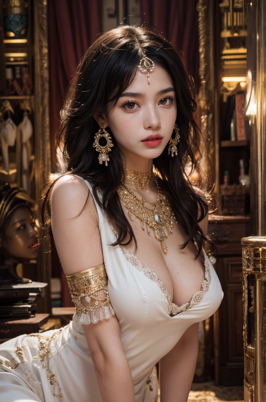 1girl, solo, long hair, breasts, looking at viewer, large breasts, black hair, dress, cleavage, bare shoulders, jewelry, sitting, earrings, parted lips, sleeveless, day, indoors, necklace, white dress, lips, parted bangs, leaning forward, gem, armlet, realistic, forehead jewel, gold, head chain, <lora:Enhanced Details Booster:0.6>, RAW photo, (masterpiece:1.3), subsurface scattering, heavy shadow, (high quality:1.4), (intricate, high detail:1.2), professional photography, HDR, High Dynamic Range, realistic, ultra realistic, photorealistic, high resolution, film photography, DSLR, 8k uhd, Fujifilm XT3