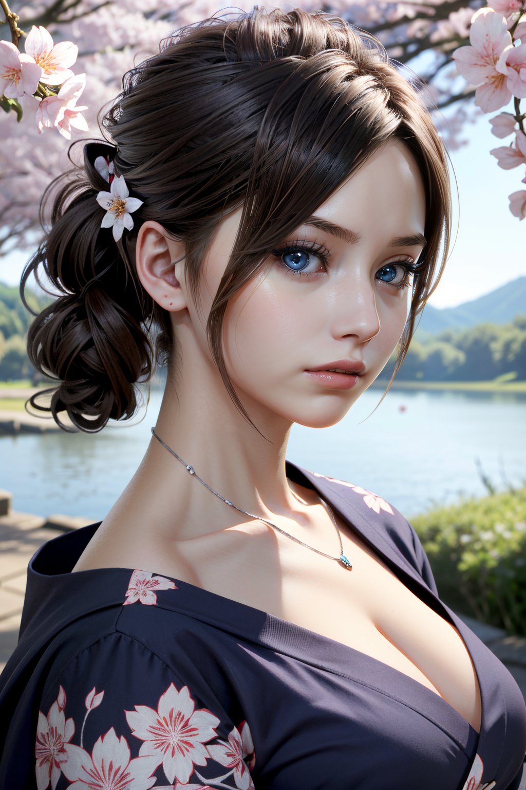 ((ultra detailed, masterpiece, absurdres)) <lora:RE2Claire:0.8>RE2Claire, 1girl, brown hair, blue eyes, yukata, japan, cherry blossoms, hair ornament