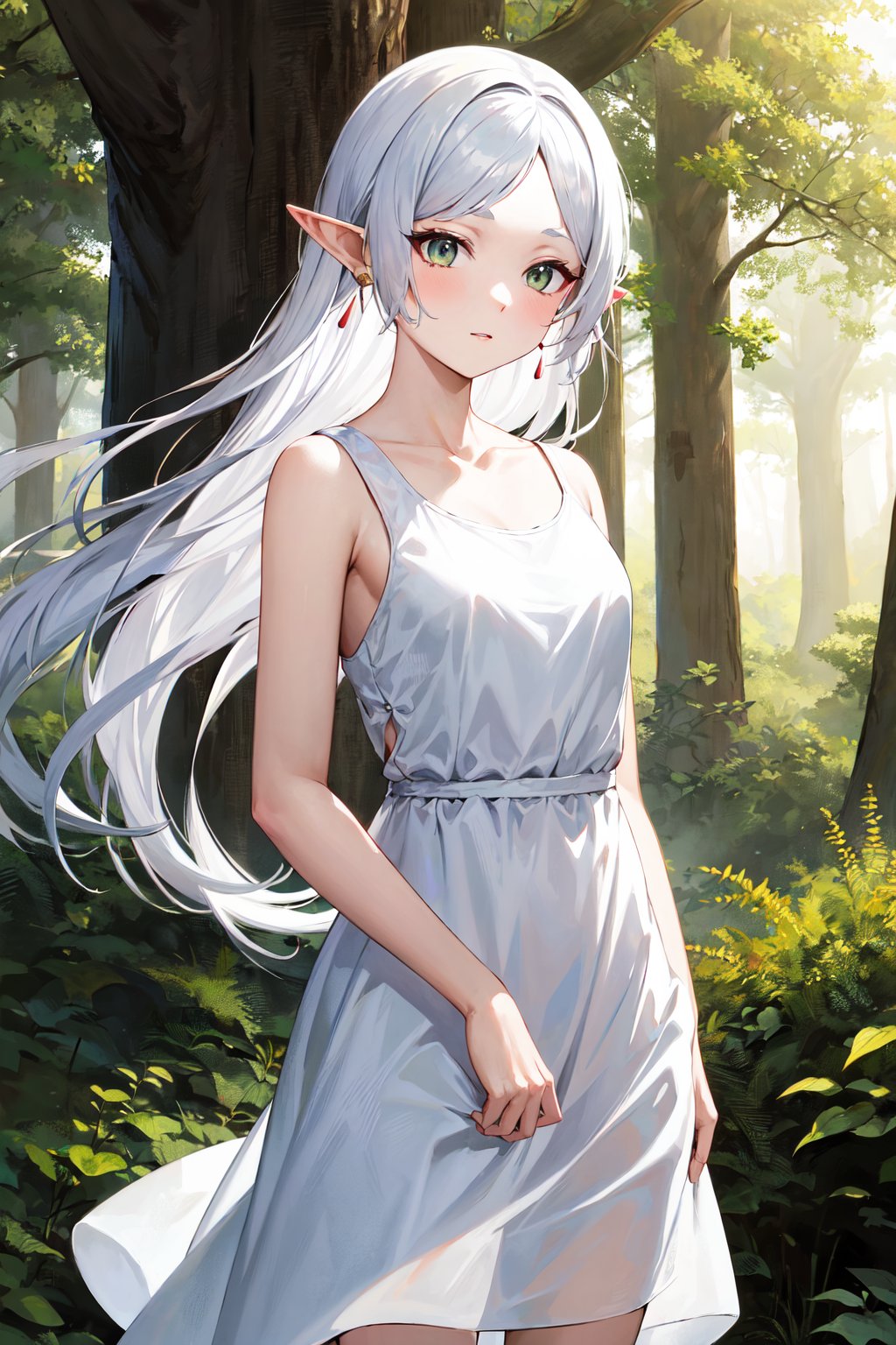 masterpiece, best quality, highres, aafrie, long hair, white hair, parted bangs, pointy ears, earrings, thick eyebrows, collarbone, bare shoulders, white dress, sleeveless dress, <lora:frieren_v1:0.7>, standing, cowboy shot, forest,